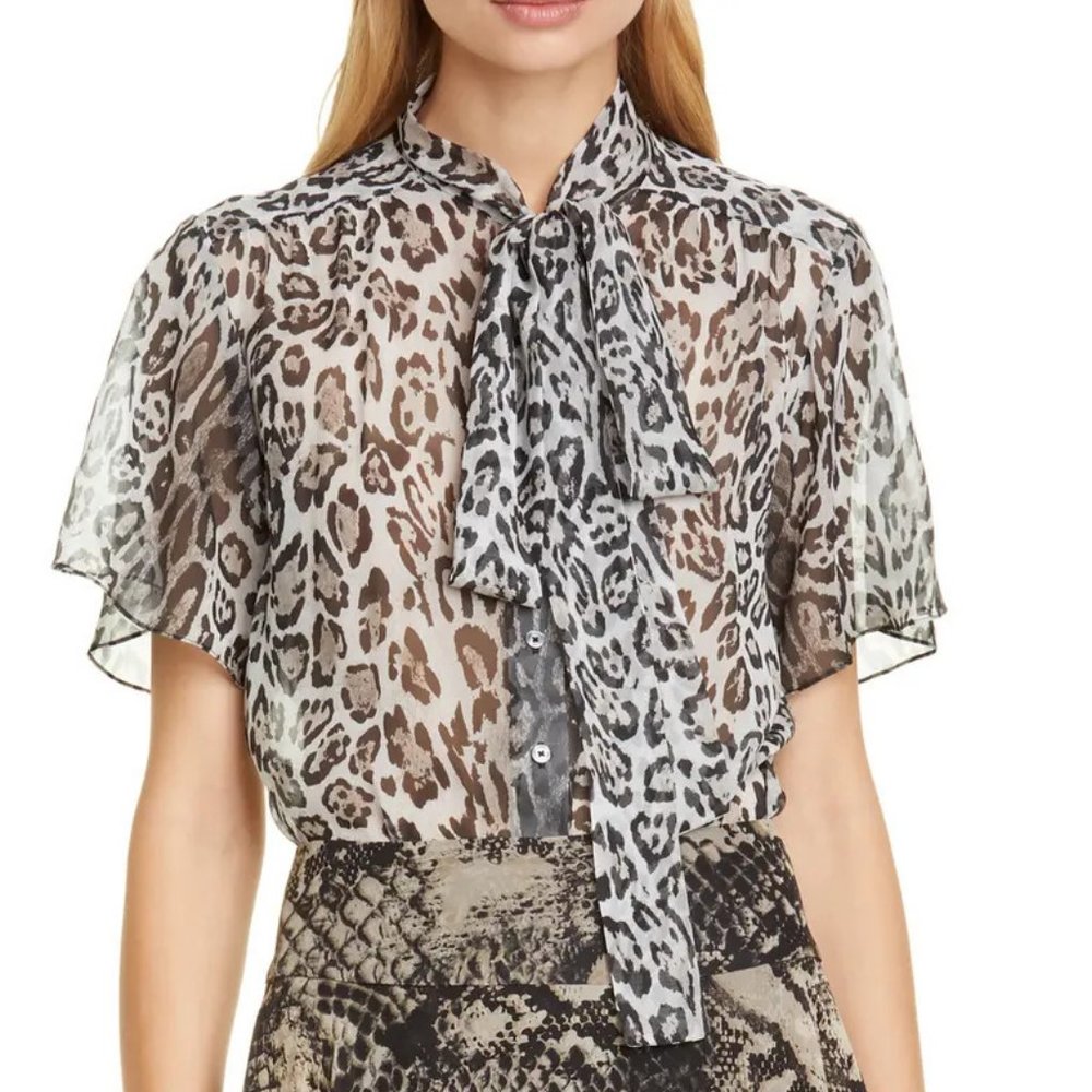 Tommy x Zendaya Leopard Print Tie Neck Blouse